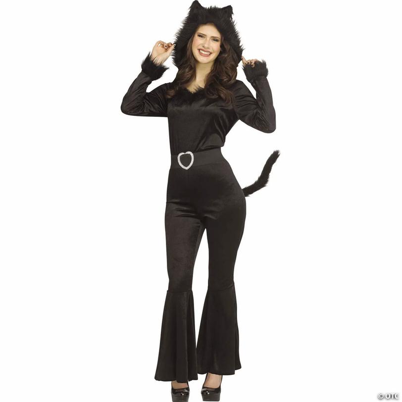 Adults Black Cat Hooded Jumpsuit Costume - Medium Image