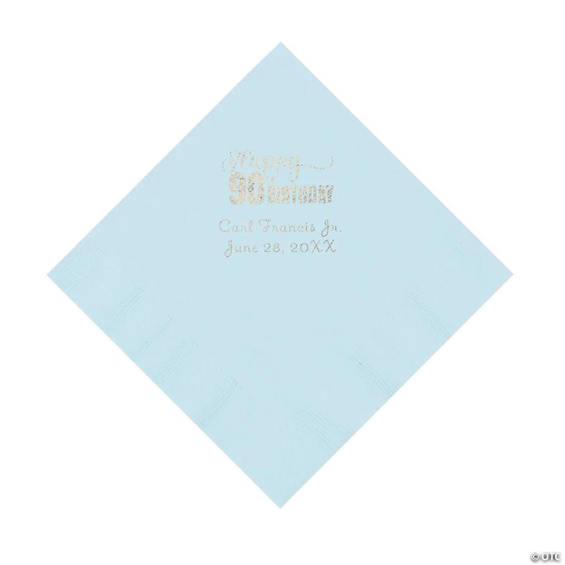 6 1/2" Bulk 50 Ct. Personalized 90th Birthday Light Blue Luncheon Napkins with Silver Foil Image