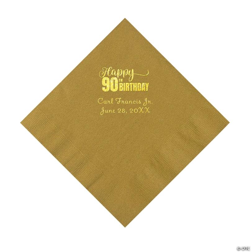 6 1/2" Bulk 50 Ct. Personalized 90th Birthday Gold Luncheon Napkins with Gold Foil Image