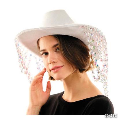 Adults White Cowboy Hat with Iridescent Beaded Fringe  display picture 3