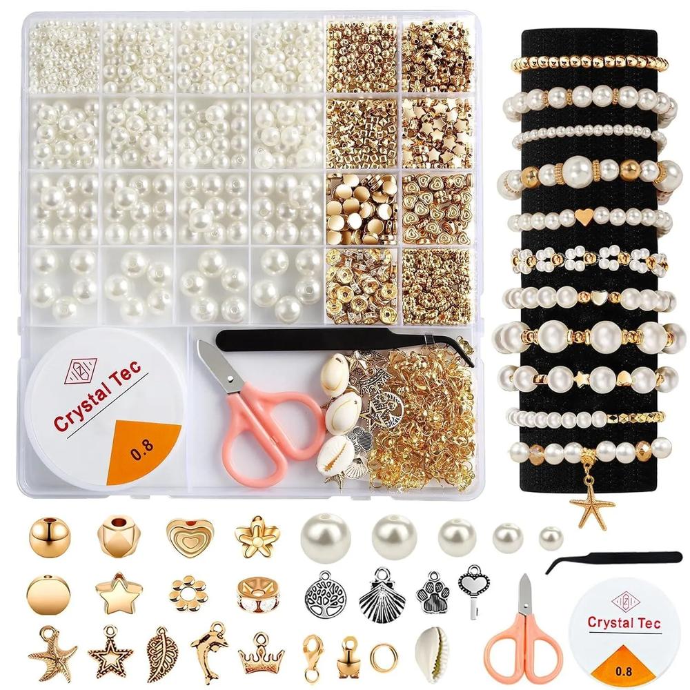 1200Pcs Pearl Beads Bracelet Kit Jewelry Making Kit with Charms  String White