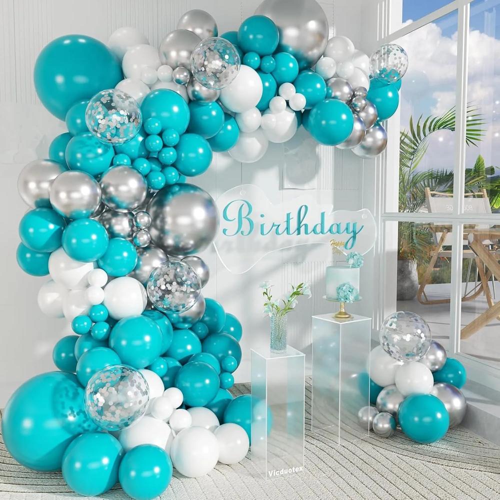 147Pcs Teal Balloon Arch Garland Kit 18 12 10 5 Inch Turquoise Metallic Silver White Balloons For Birthday Graduation Baby Show