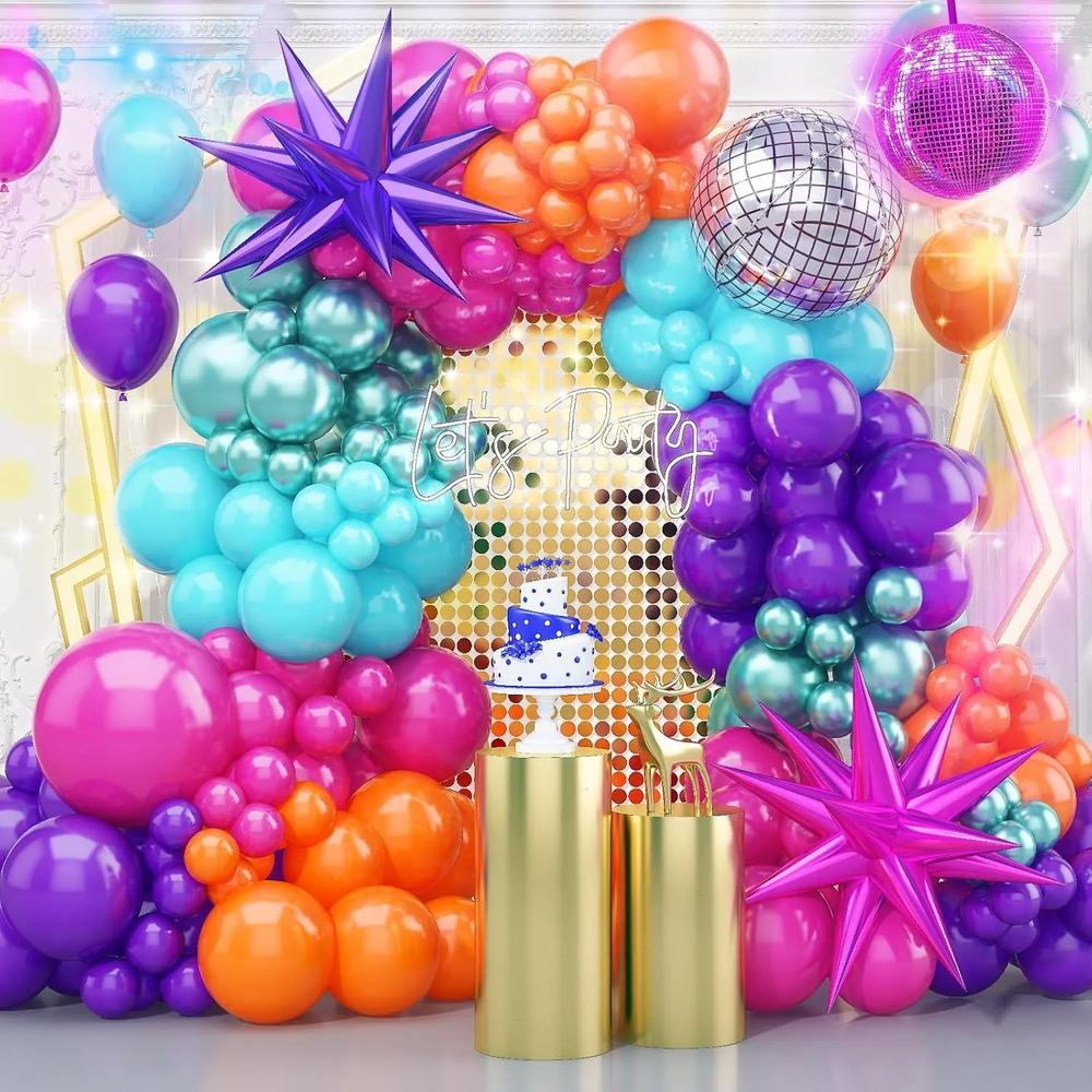 125Pcs Disco Balloon Arch Kit with 80s Colors Star Foil  Disco Ball for Music Fans Party Decor