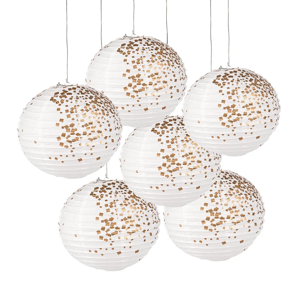 6 Pc 12 White  Gold Patterned Hanging Paper Lanterns
