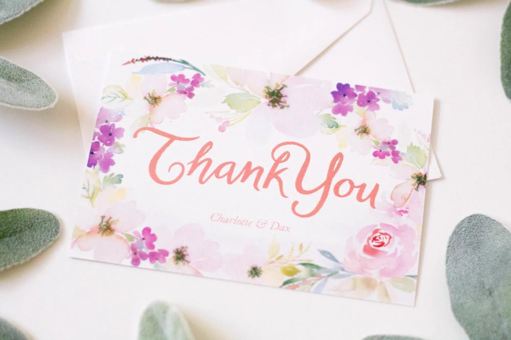 calligraphy and watercolor wedding invitation set thank you notes