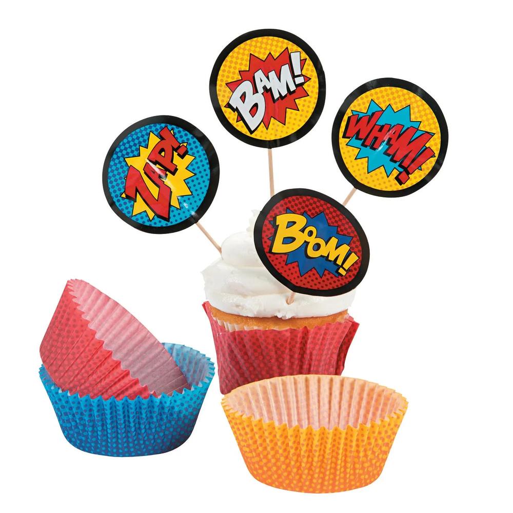 100 Pc 3 Bulk Superhero Cupcake Liners with Picks