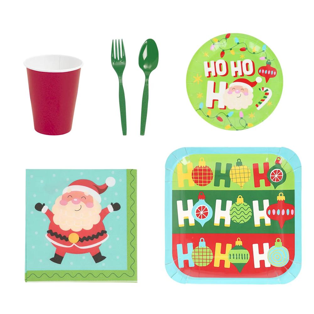 144 Pc Christmas Party Cozy Merry  Bright Disposable Tableware Kit for 24 Guests